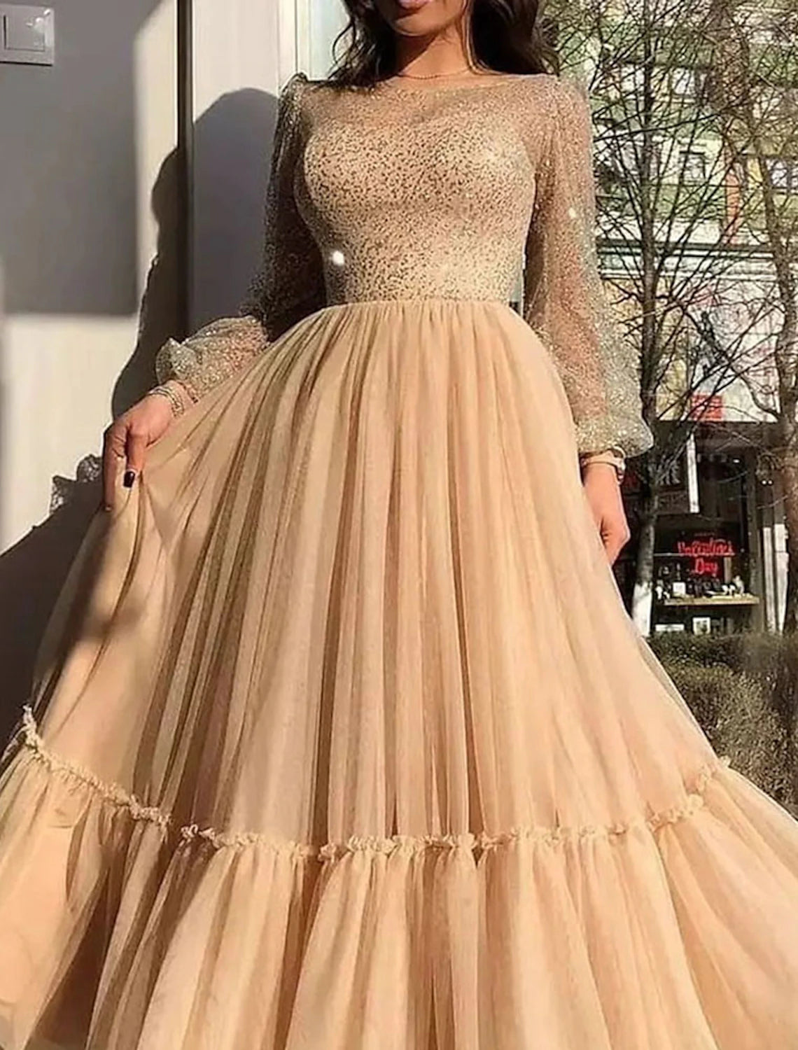 Abito da sera a trapezio, elegante, da invitata a nozze, da ballo, lungo fino al pavimento, con scollo gioiello, in tulle con perle glitterate e paillettes 2025